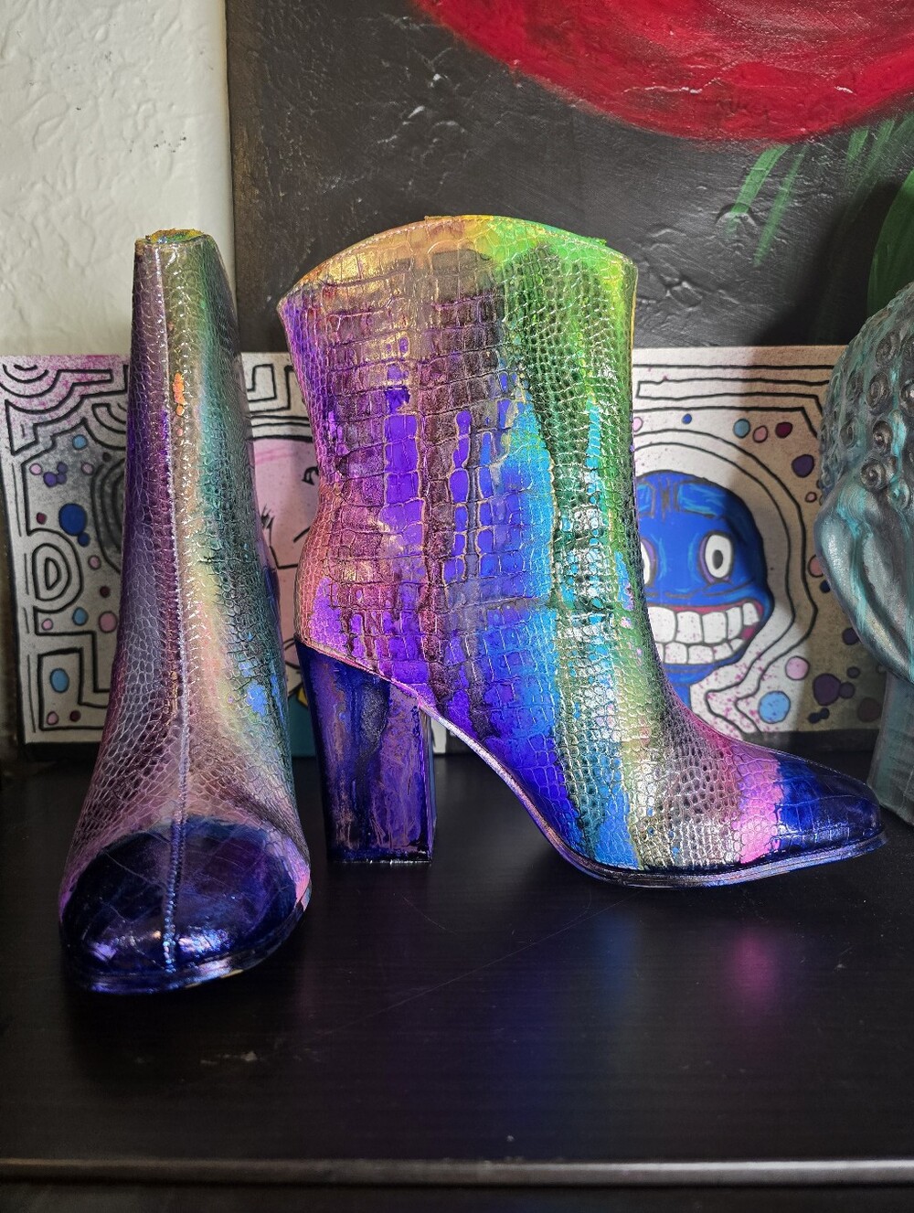HANDCRAFTED Upycled Ankle Boots HANDPAINTED Block Heel Colorful Booties Size 8.5